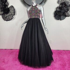 NWT~$395~ALEXIA PINK~SZ 2~BLACK RHINESTONE BEADED HALTER MAXI TULLE PROM DRESS